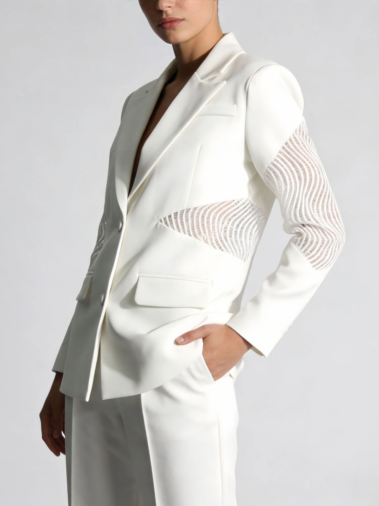 TWOTWINSTYLE Solid Lapel Long Sleeve Spliced Mesh