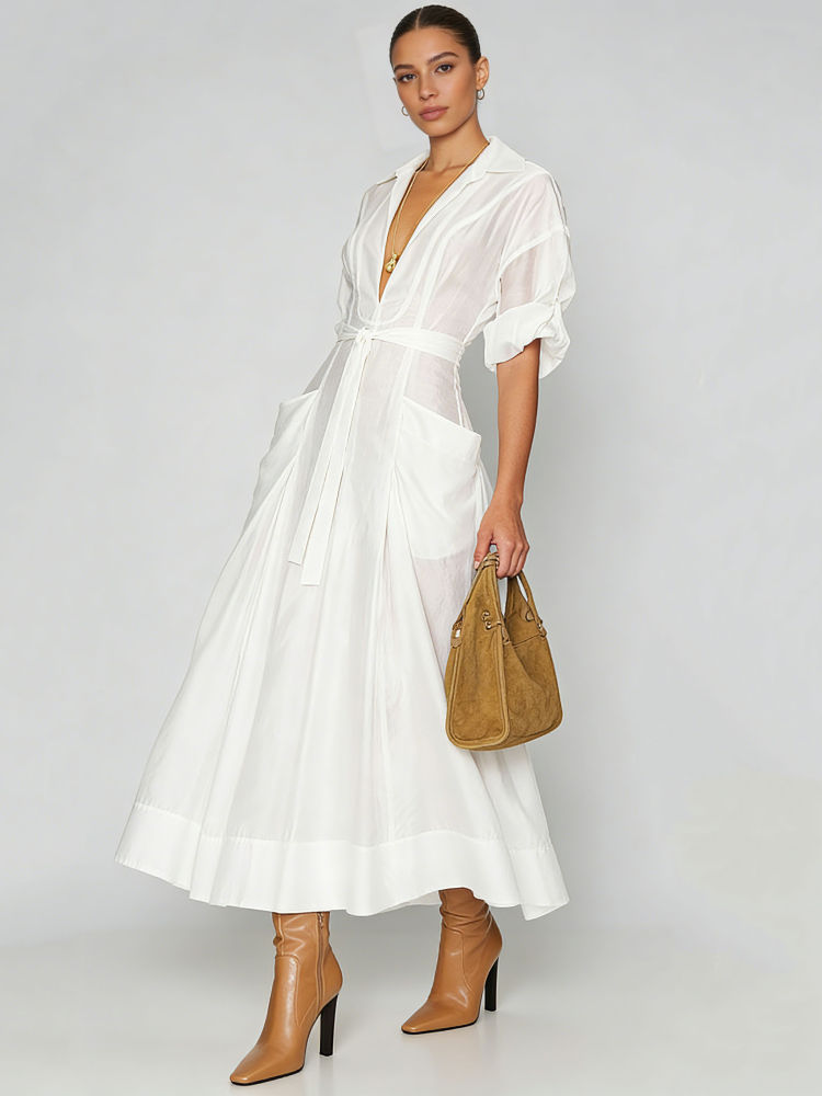 TWOTWINSTYLE Solid Lapel Tunic Designer Dress