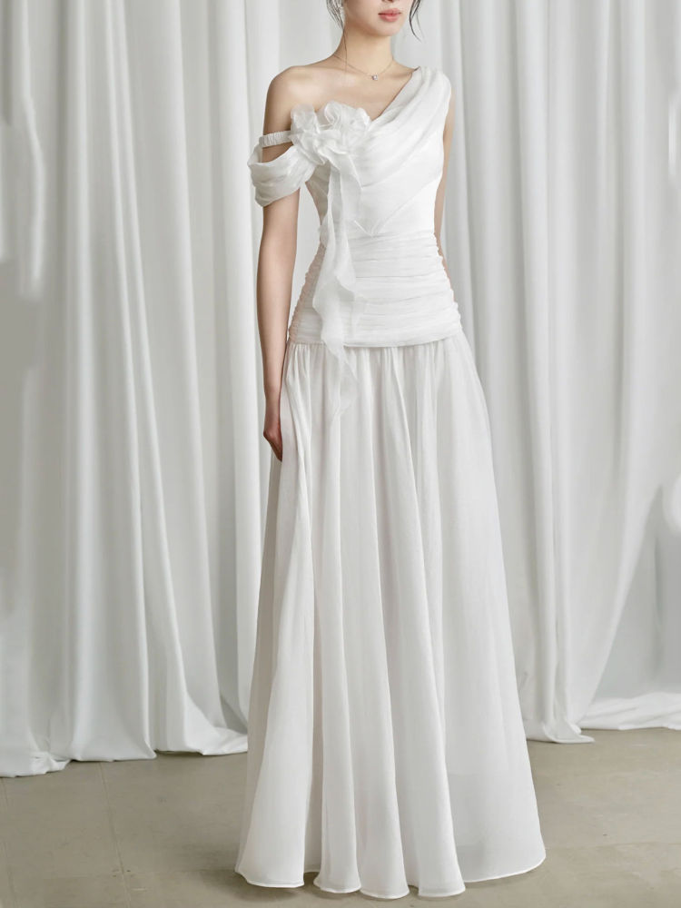 TWOTWINSTYLE Solid Off Shoulder Tunic Pleated Elegant Dress