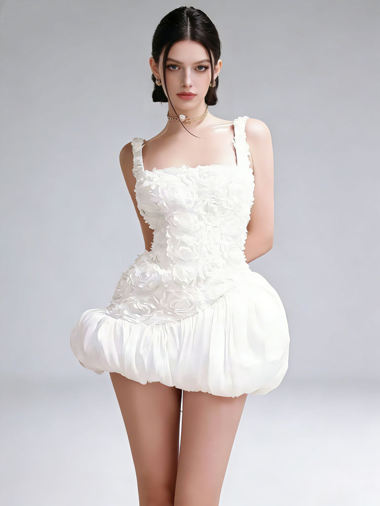 TWOTWINSTYLE Square Neck Spliced 3D Flower Tunic Mini Dress