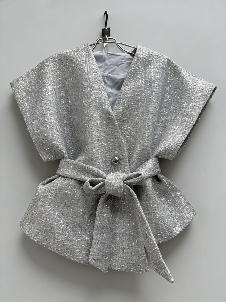 TWOTWINSTYLE V-Neck Tunic Patchwork Sequins Casual Coat