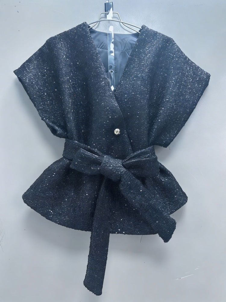 TWOTWINSTYLE V-Neck Tunic Patchwork Sequins Casual Coat