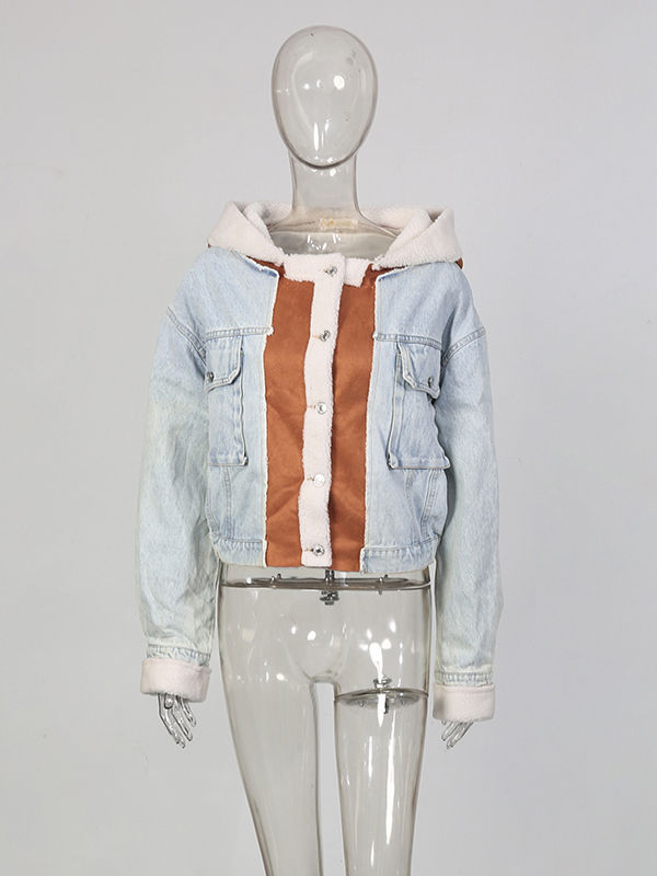 TWOTWINSTYLE Patchwork Fur Hit Color Hooded Denim Coat