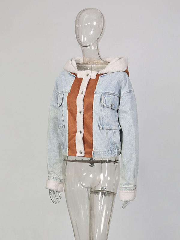 TWOTWINSTYLE Patchwork Fur Hit Color Hooded Denim Coat