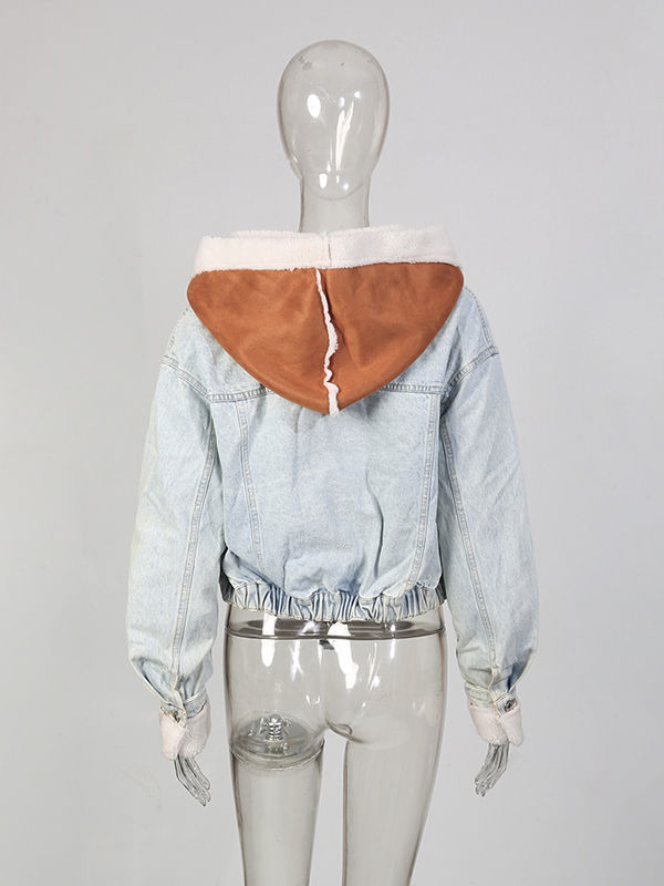 TWOTWINSTYLE Patchwork Fur Hit Color Hooded Denim Coat