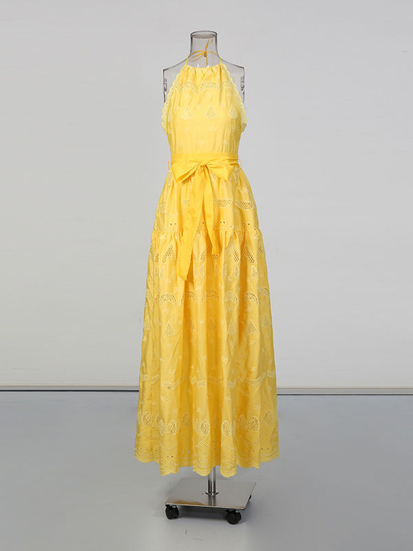 TWOTWINSTYLE Solid High Waist Hollow Out Maxi Dress
