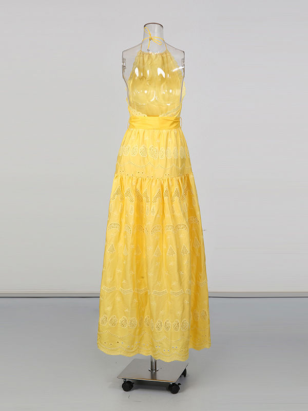 TWOTWINSTYLE Solid High Waist Hollow Out Maxi Dress