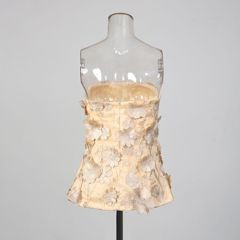 TWOTWINSTYLE Patchwork 3D Flower Strapless Top Ruched Skirt Two Piece Set