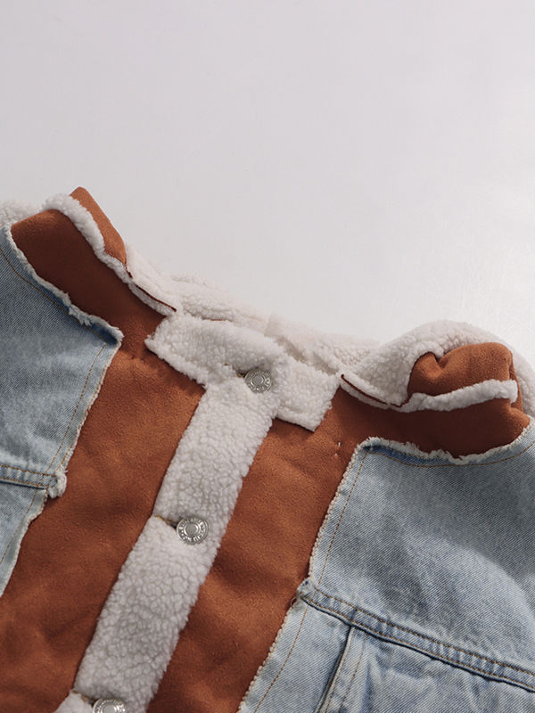 TWOTWINSTYLE Patchwork Fur Hit Color Hooded Denim Coat