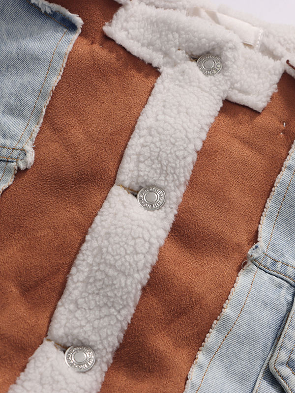 TWOTWINSTYLE Patchwork Fur Hit Color Hooded Denim Coat