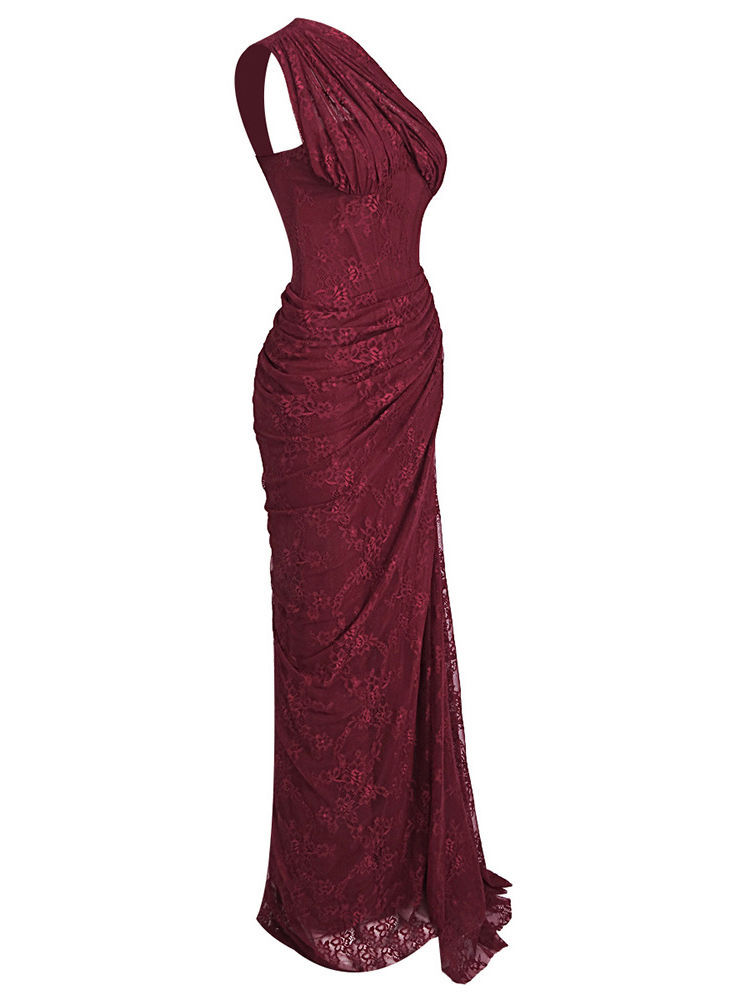 TWOTWINSTYLE Off One Shoulder Patchwork Mesh High Waist Dress