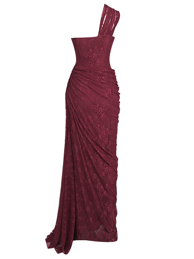 TWOTWINSTYLE Off One Shoulder Patchwork Mesh High Waist Dress