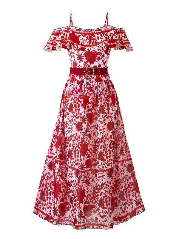 TWOTWINSTYLE Off Shoulder Spliced Belt Print Vintage Midi Dress