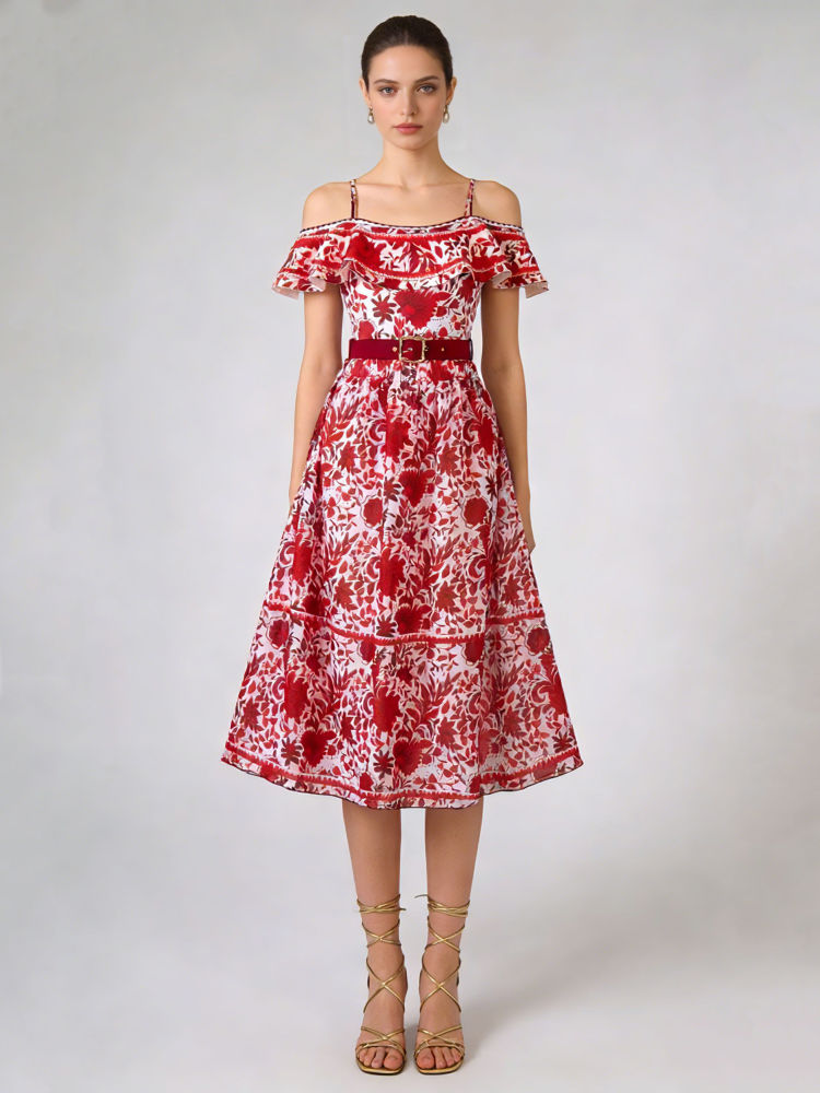 TWOTWINSTYLE Off Shoulder Spliced Belt Print Vintage Midi Dress