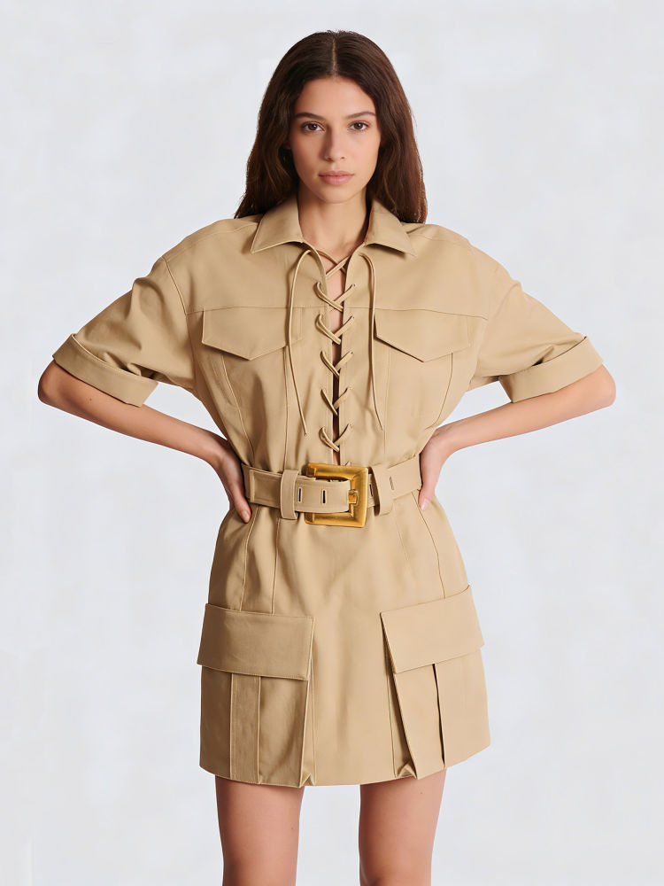 TWOTWINSTYLE Solid Lapel Patchwork Belt Casual Mini Dress