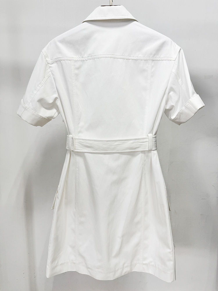 TWOTWINSTYLE Solid Lapel Patchwork Belt Casual Mini Dress