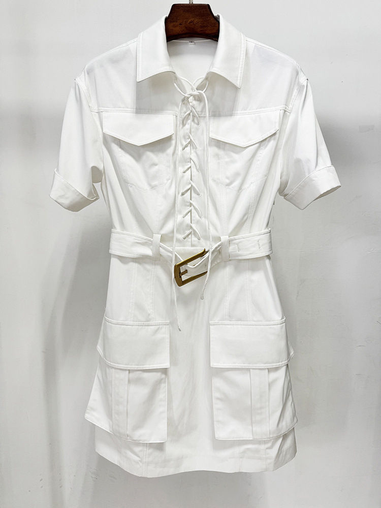 TWOTWINSTYLE Solid Lapel Patchwork Belt Casual Mini Dress