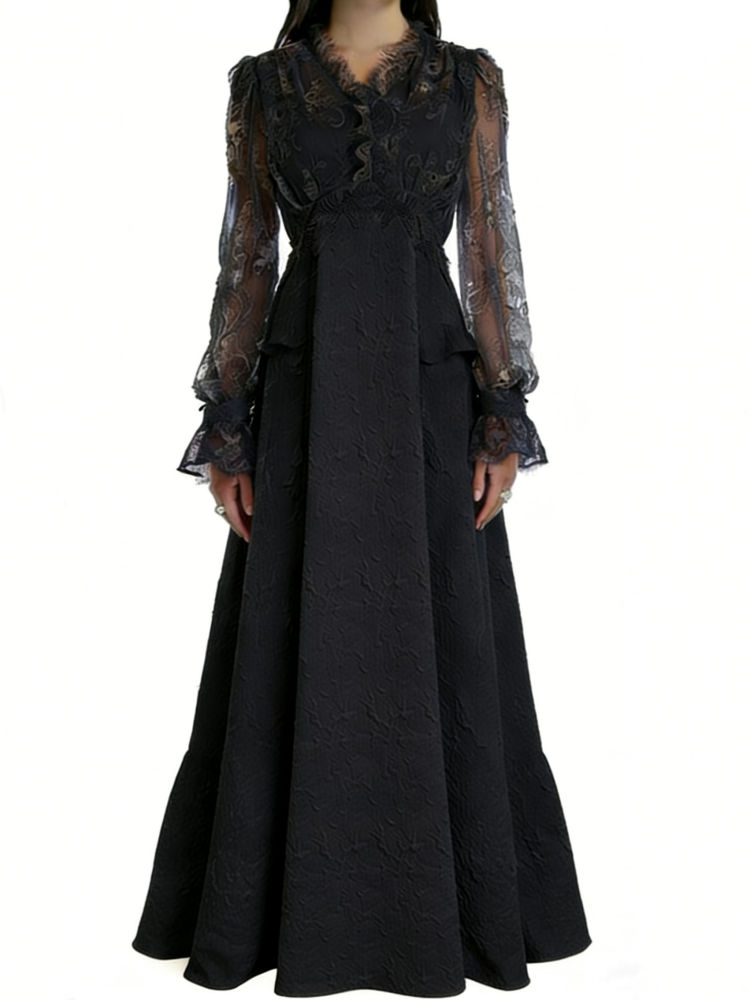 TWOTWINSTYLE Solid V Neck Tunic Patchwork Mesh Dress