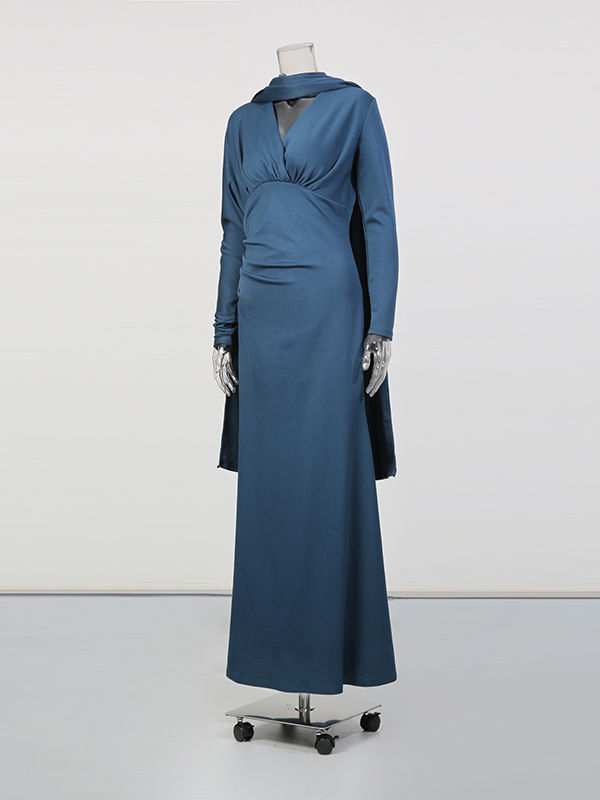 TWOTWINSTYLE Solid V-Neck High Waist Vintage Dress