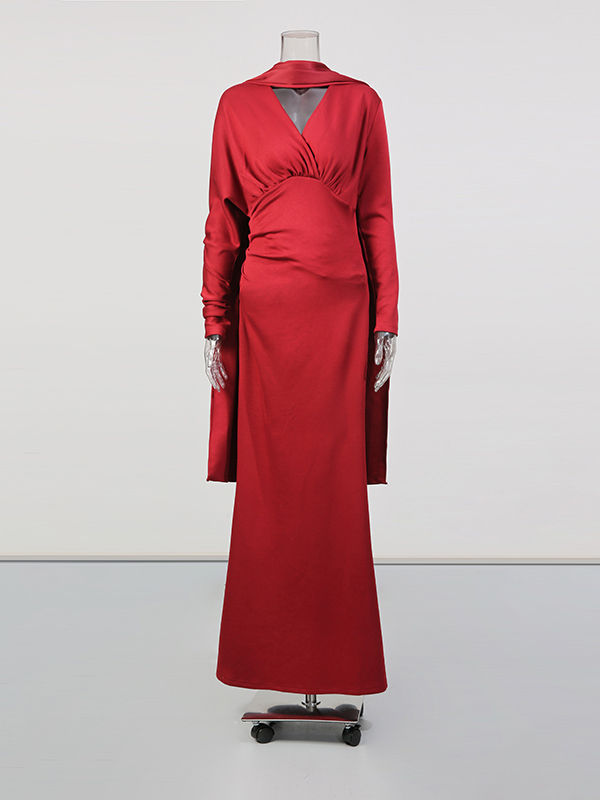 TWOTWINSTYLE Solid V-Neck High Waist Vintage Dress