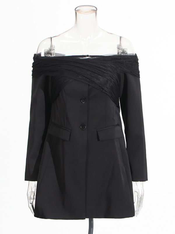 TWOTWINSTYLE Solid Off Shoulder Patchwork Mesh Temperament Blazers