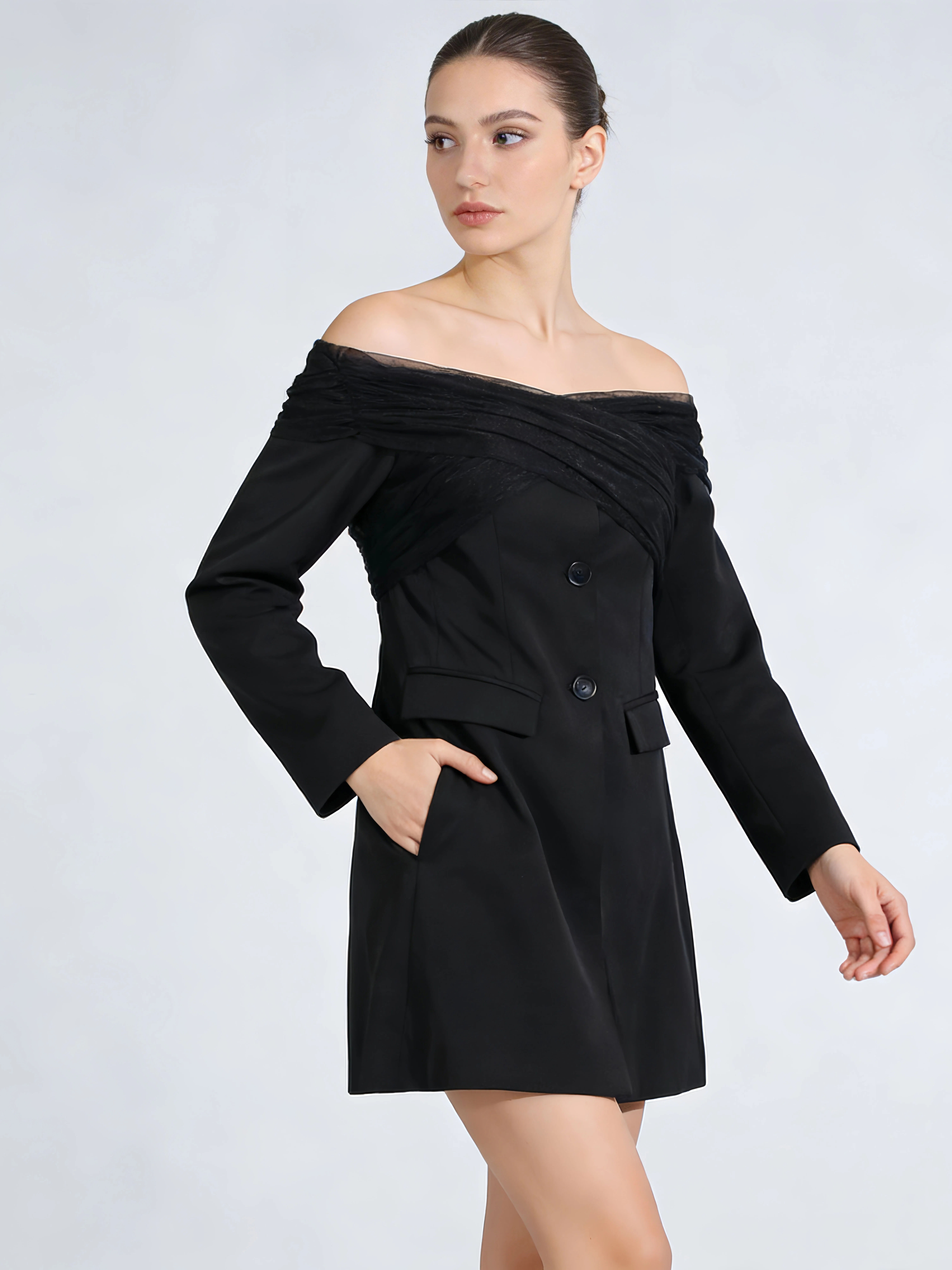 TWOTWINSTYLE Solid Off Shoulder Patchwork Mesh Temperament Blazers