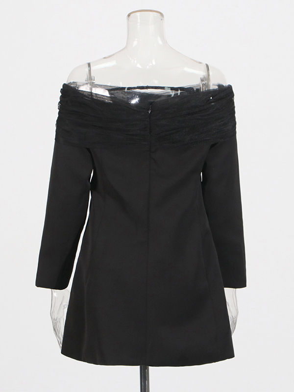 TWOTWINSTYLE Solid Off Shoulder Patchwork Mesh Temperament Blazers