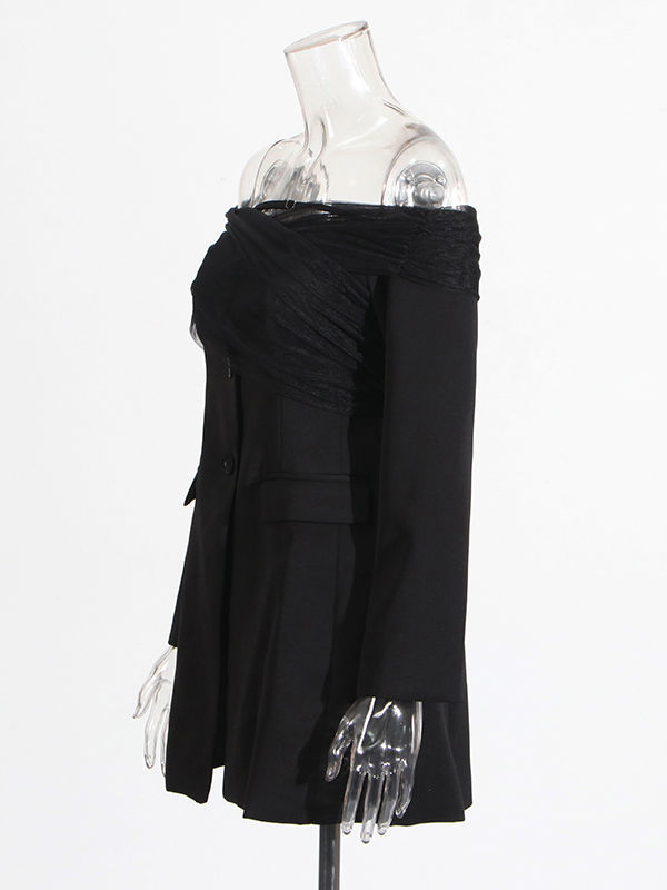 TWOTWINSTYLE Solid Off Shoulder Patchwork Mesh Temperament Blazers