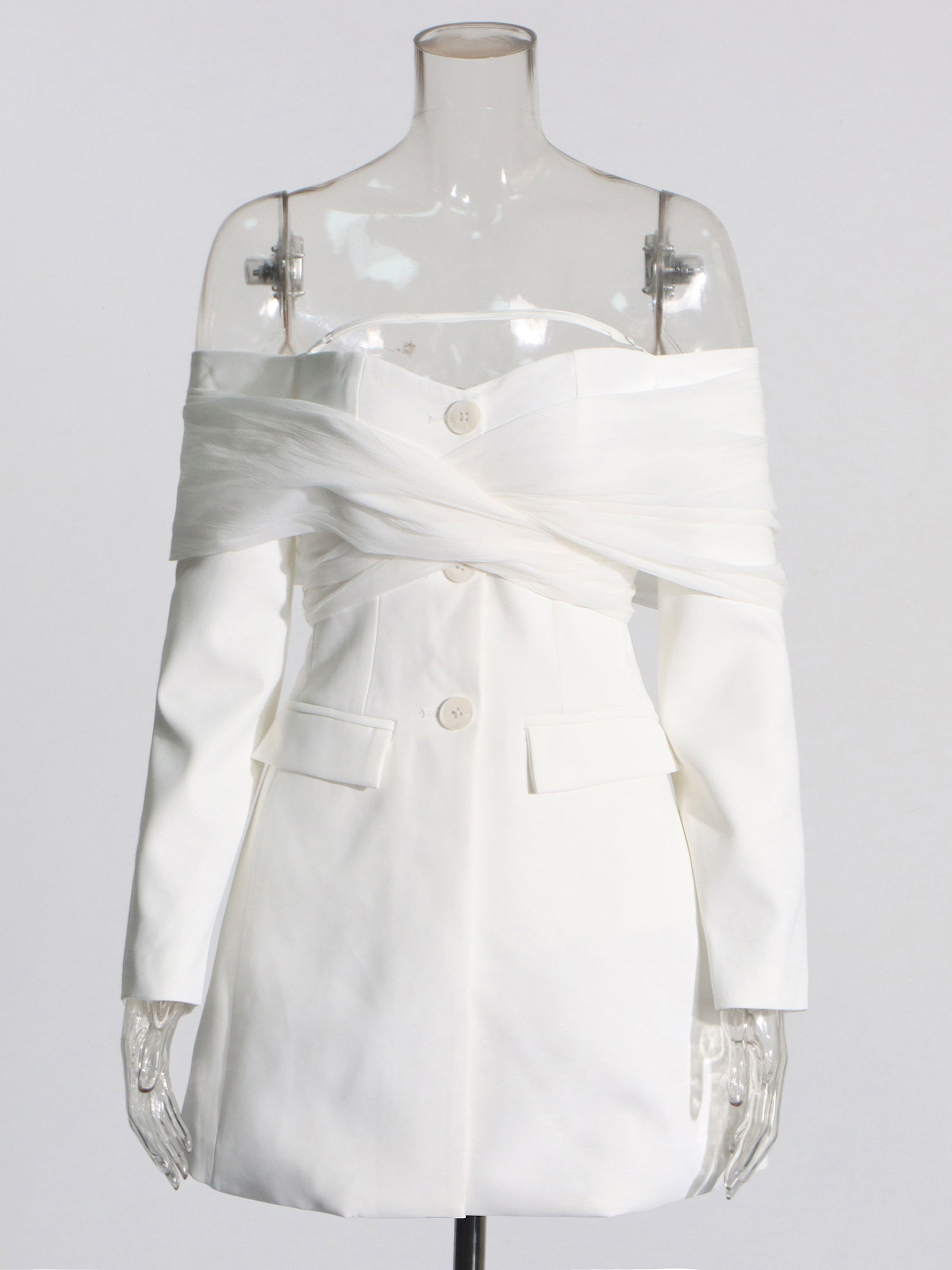 TWOTWINSTYLE Solid Off Shoulder Patchwork Mesh Temperament Blazers