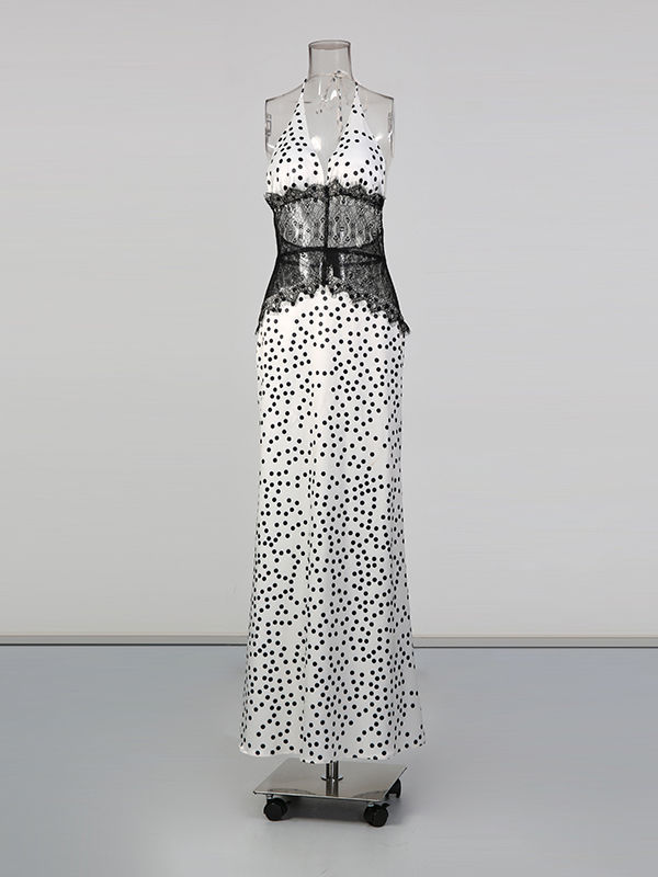 TWOTWINSTYLE Hit Color Patchwork Lace Wave Point Maxi Dress