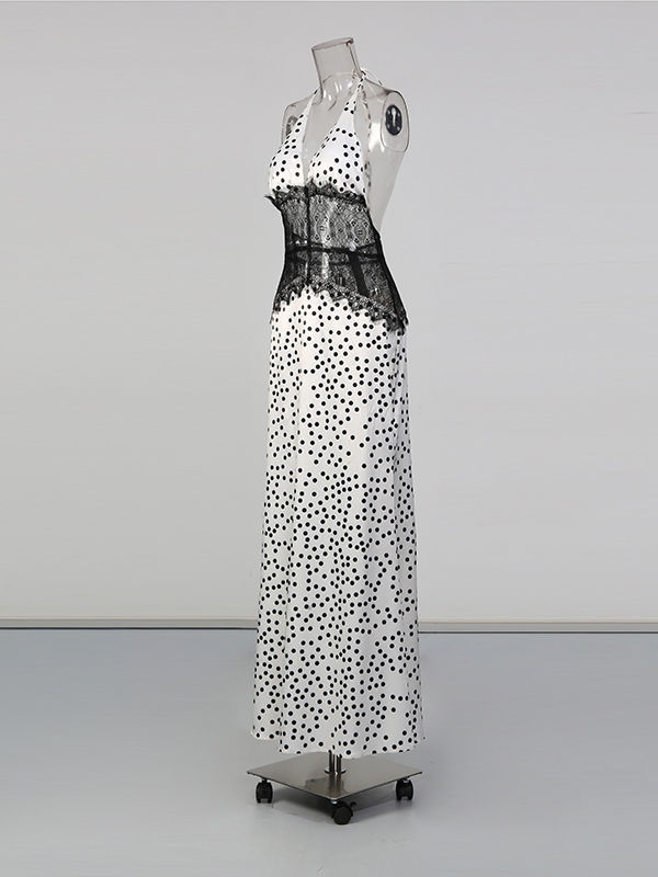 TWOTWINSTYLE Hit Color Patchwork Lace Wave Point Maxi Dress
