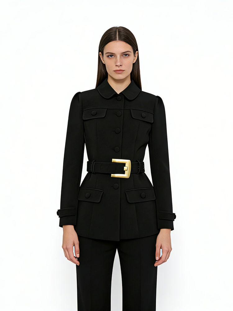 TWOTWINSTYLE Solid Lapel Spliced Belt Temperament Coat