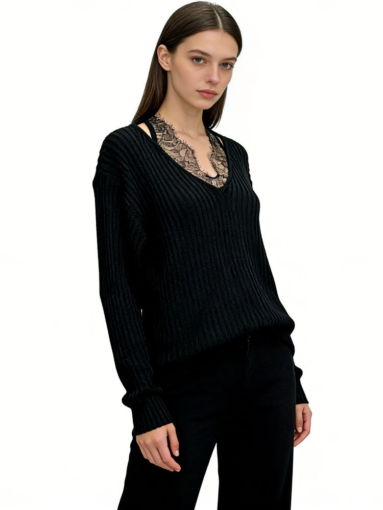 TWOTWINSTYLE Solid Long Sleeve Spliced Lace Slimming Sweater