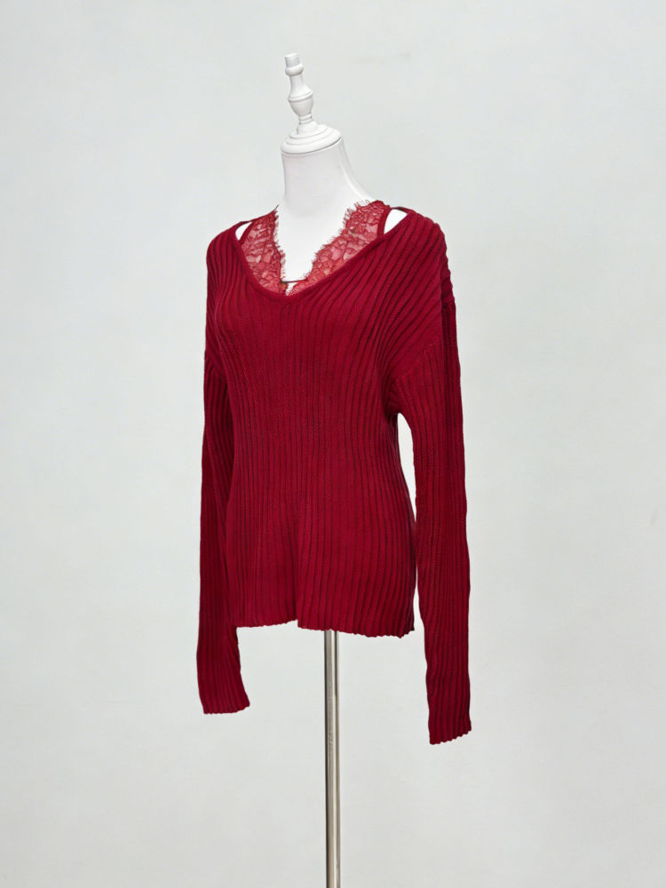 TWOTWINSTYLE Solid Long Sleeve Spliced Lace Slimming Sweater