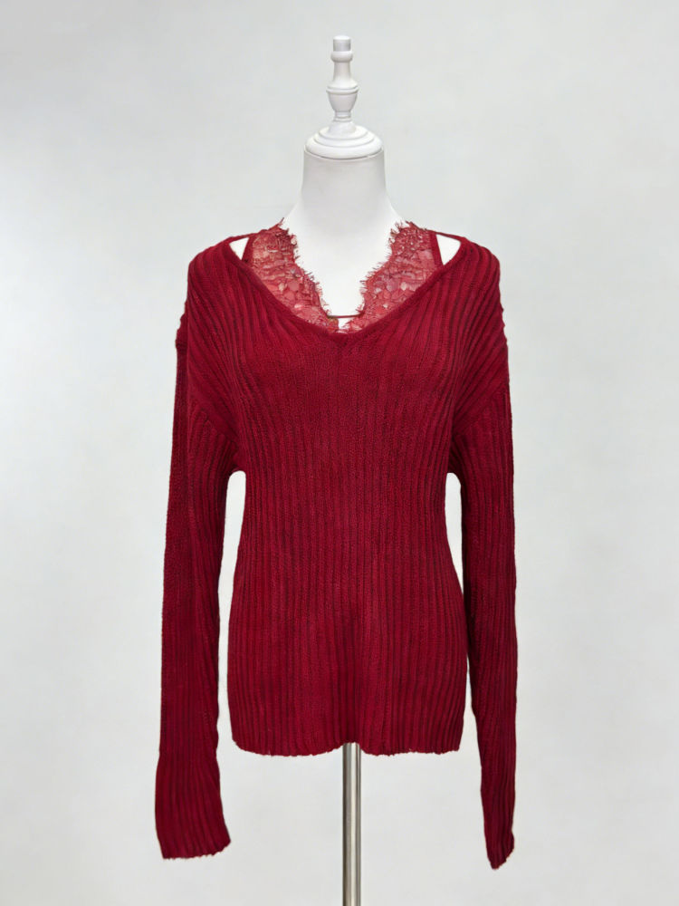 TWOTWINSTYLE Solid Long Sleeve Spliced Lace Slimming Sweater