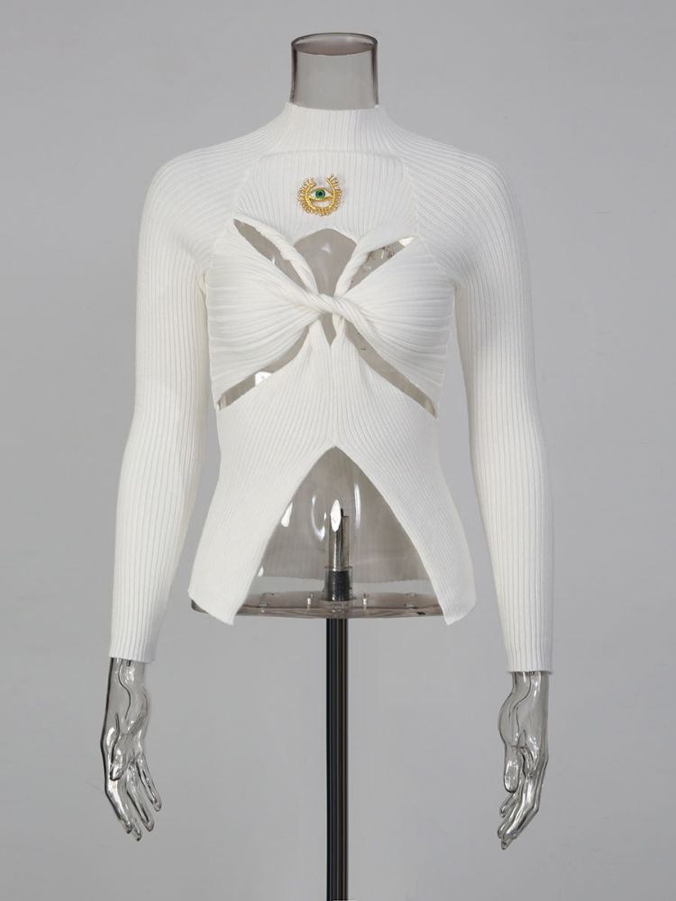 TWOTWINSTYLE Stand Collar Patchwork Metal Hollow Out Designer Sweater