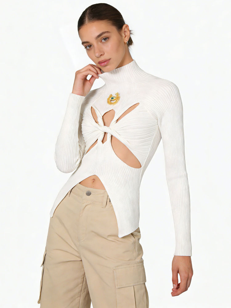 TWOTWINSTYLE Stand Collar Patchwork Metal Hollow Out Designer Sweater