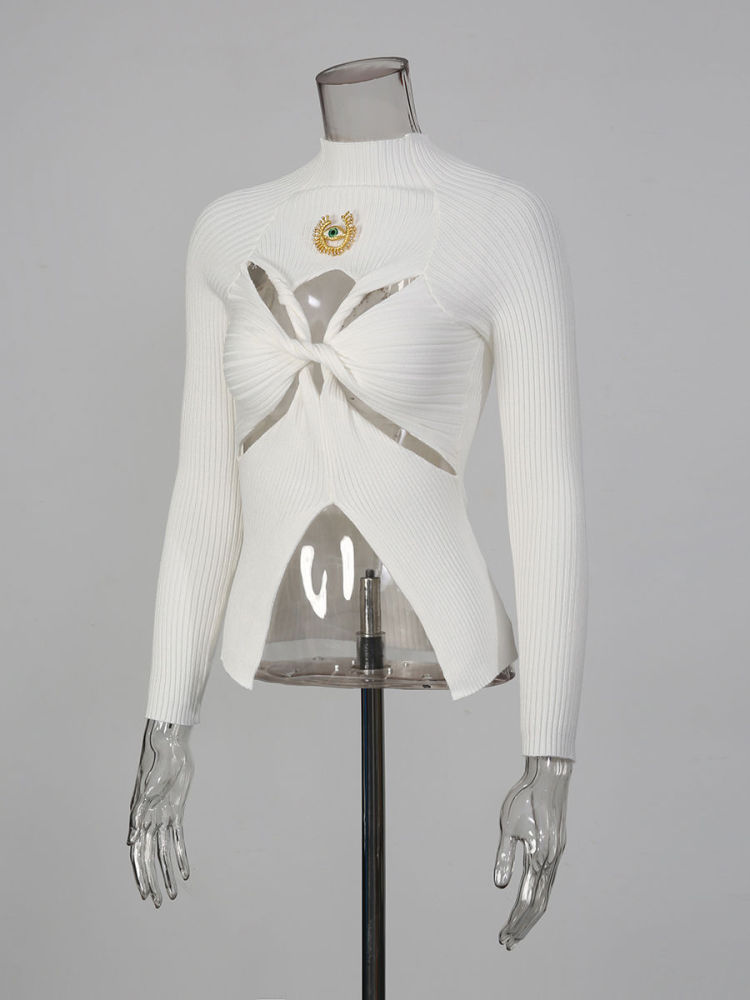 TWOTWINSTYLE Stand Collar Patchwork Metal Hollow Out Designer Sweater
