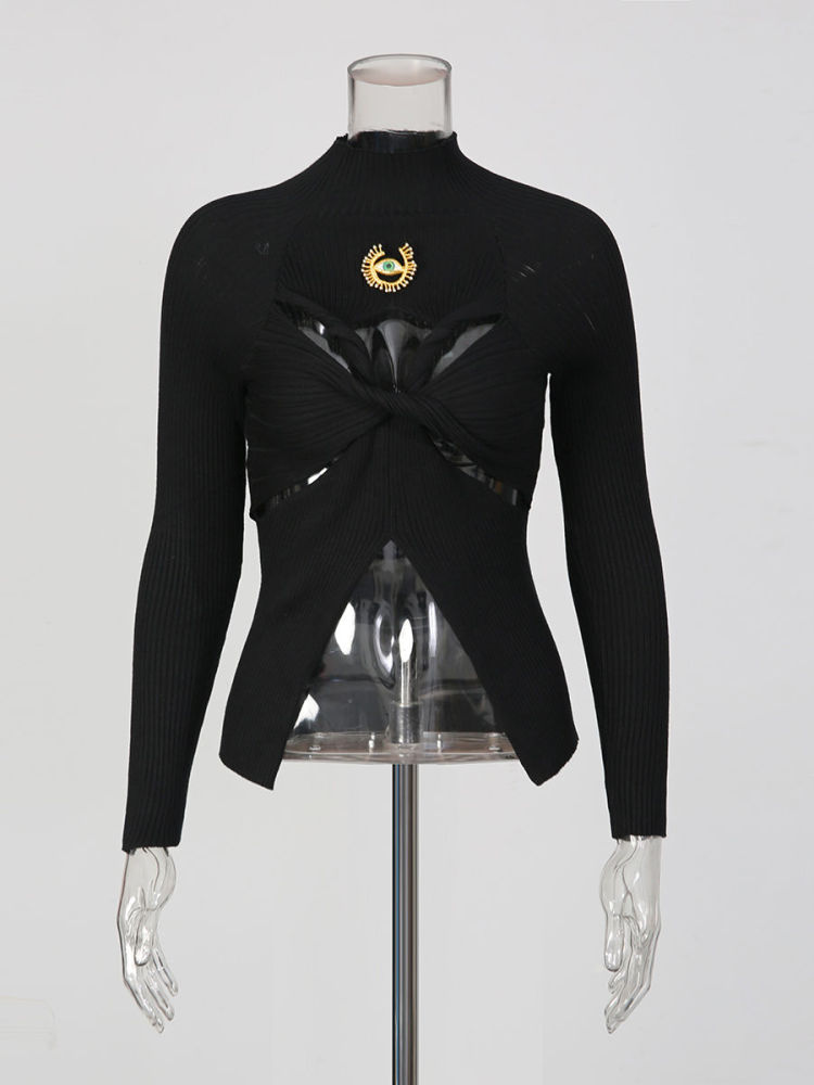 TWOTWINSTYLE Stand Collar Patchwork Metal Hollow Out Designer Sweater