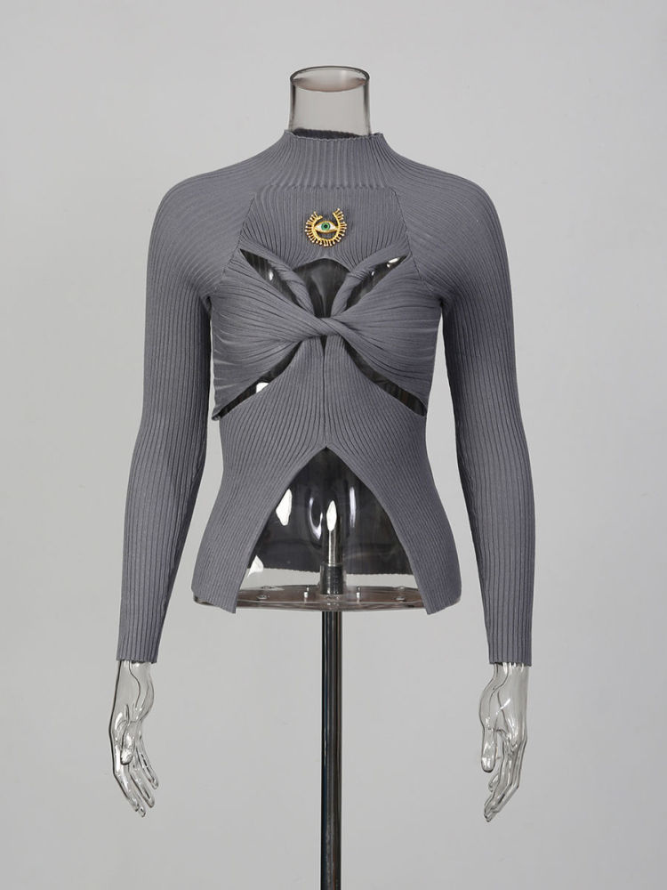 TWOTWINSTYLE Stand Collar Patchwork Metal Hollow Out Designer Sweater
