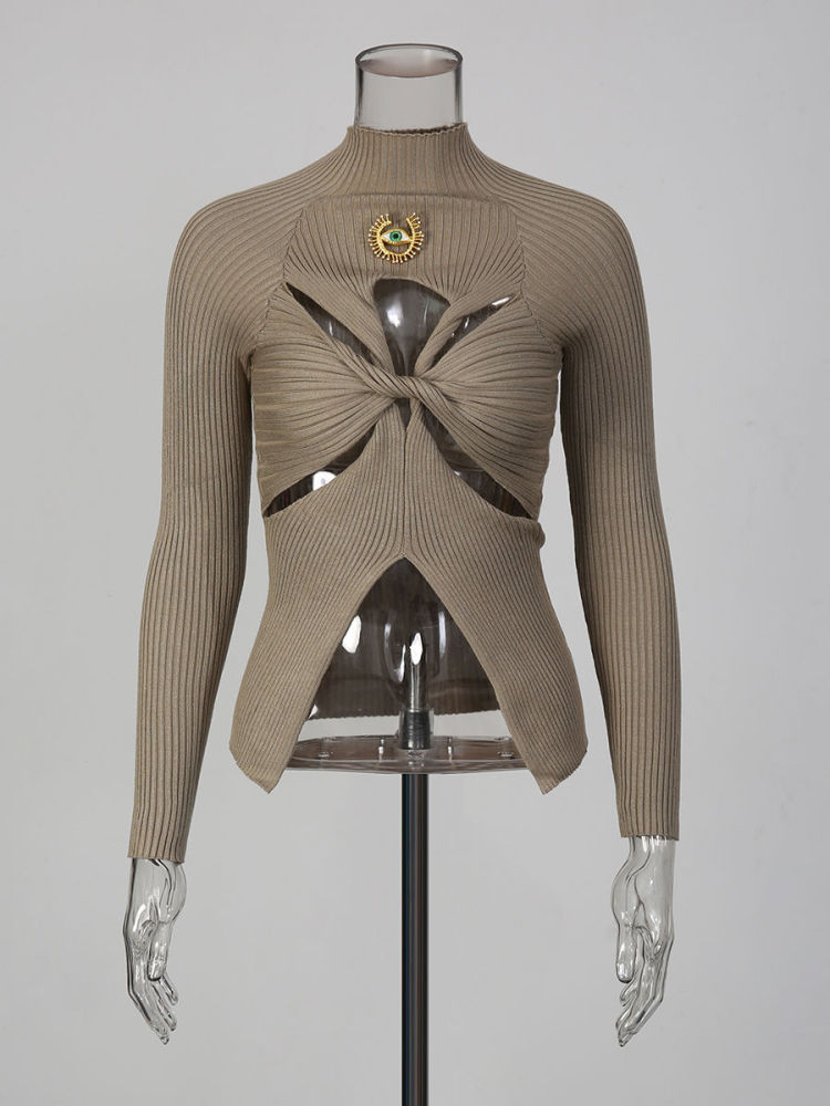 TWOTWINSTYLE Stand Collar Patchwork Metal Hollow Out Designer Sweater