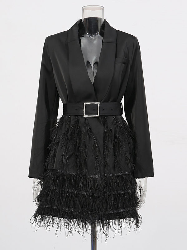 TWOTWINSTYLE Lapel Tunic Spliced Feathers Fashion Dress