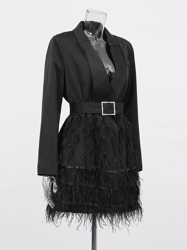 TWOTWINSTYLE Lapel Tunic Spliced Feathers Fashion Dress