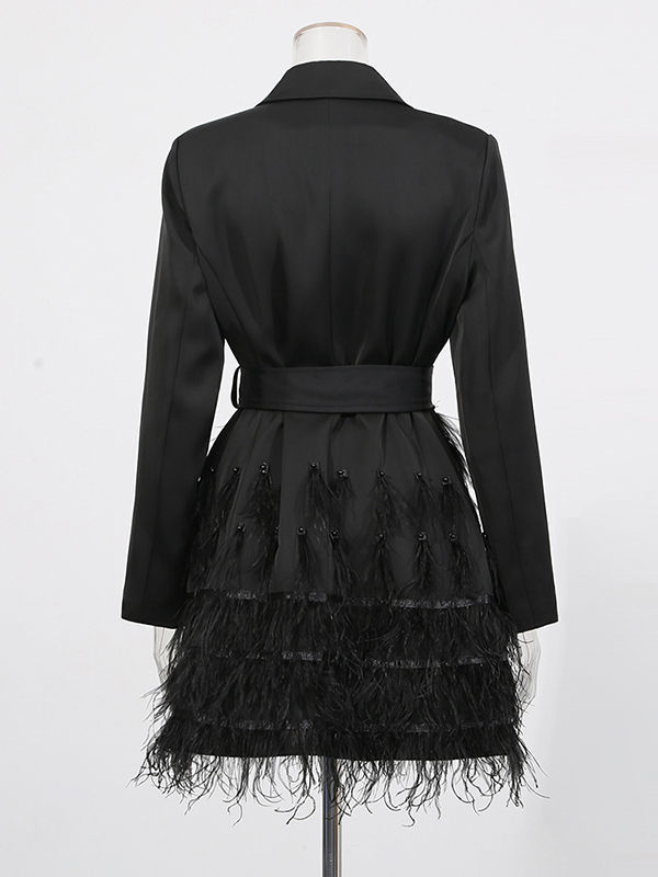 TWOTWINSTYLE Lapel Tunic Spliced Feathers Fashion Dress