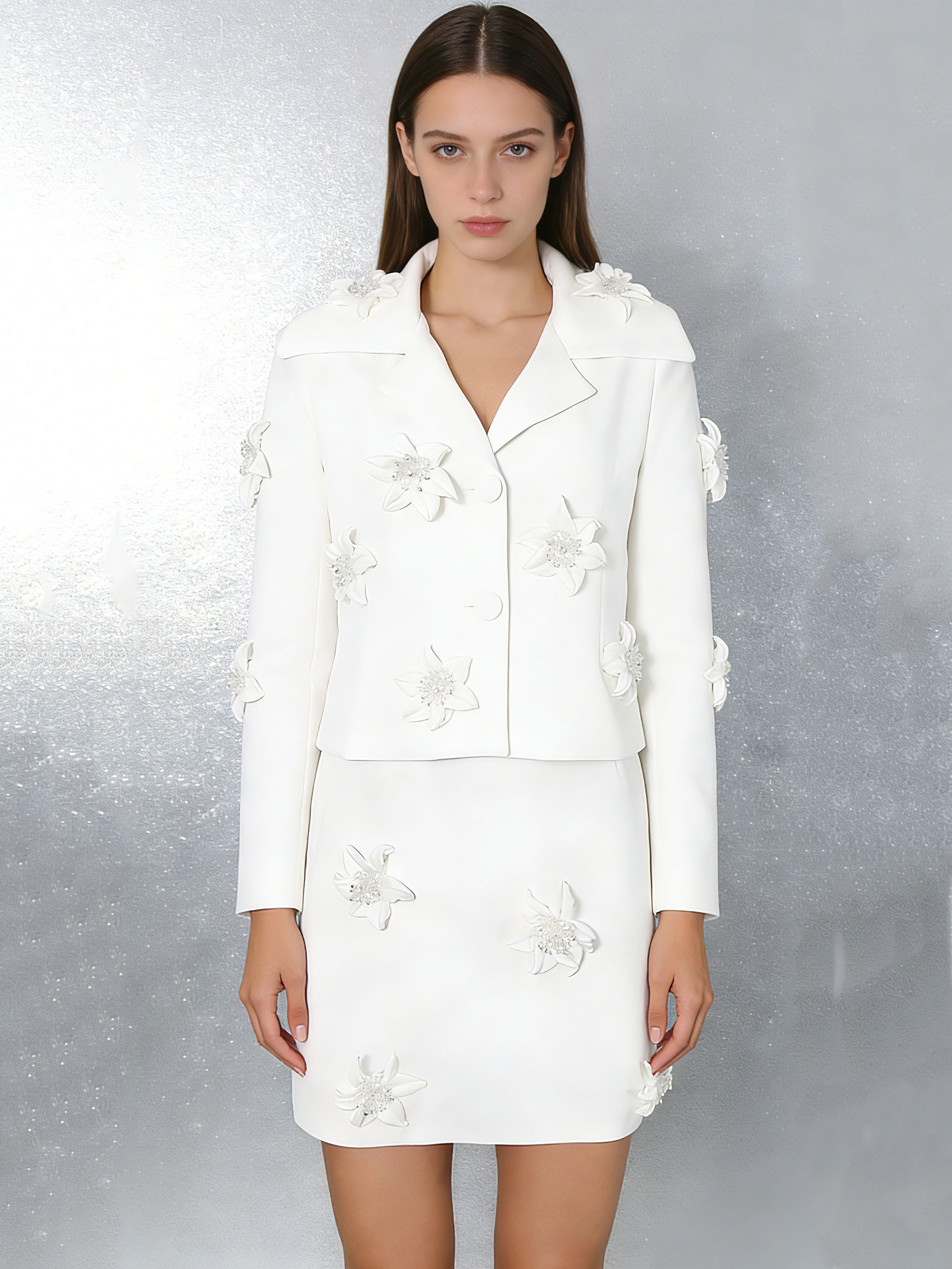 TWOTWINSTYLE Lapel Solid Patchwork 3D Flower Blazers High Waist Skirt Set