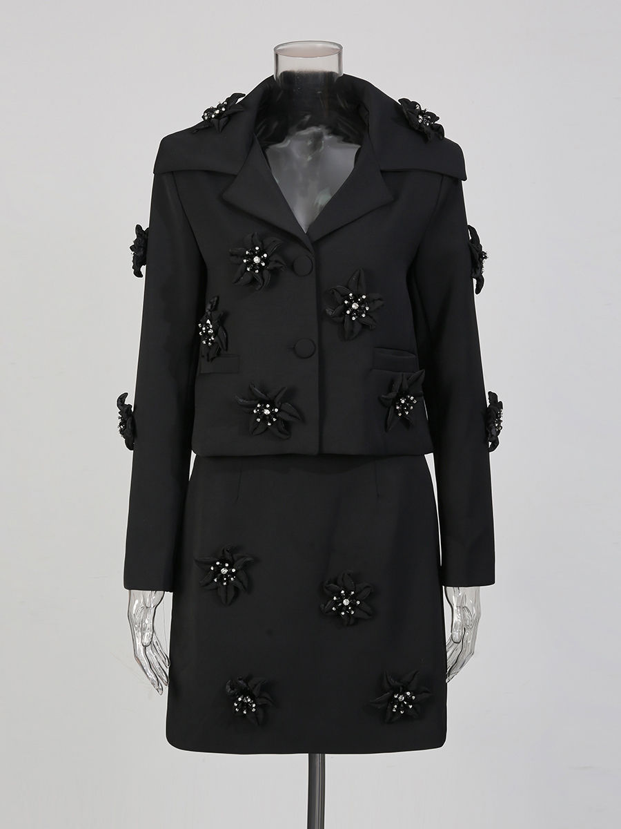 TWOTWINSTYLE Lapel Solid Patchwork 3D Flower Blazers High Waist Skirt Set