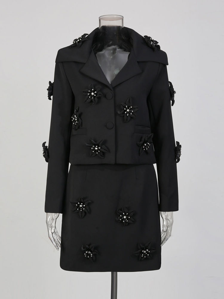 TWOTWINSTYLE Lapel Solid Patchwork 3D Flower Blazers High Waist Skirt Set