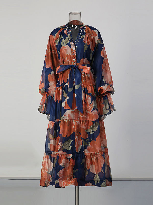 TWOTWINSTYLE Print Loose V-Neck Elegant Dress