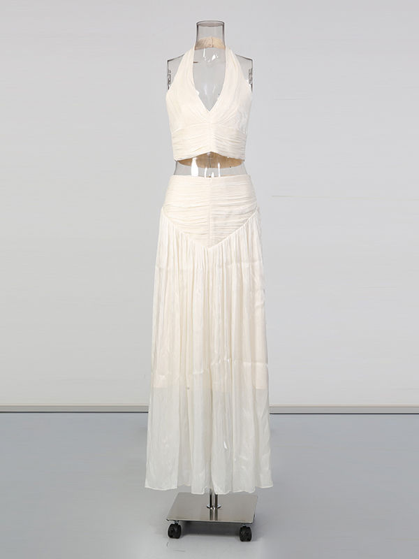 TWOTWINSTYLE V-Neck Tunic Top Pleated Skirt Two Piece Set