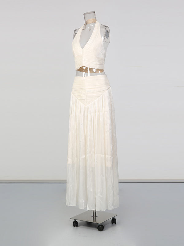 TWOTWINSTYLE V-Neck Tunic Top Pleated Skirt Two Piece Set